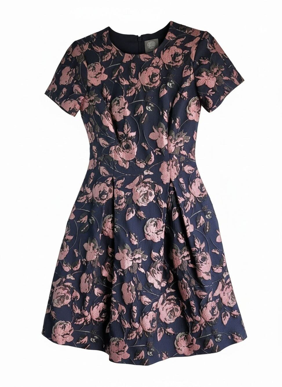 Vince Camuto Navy Blue & Rose Gold Floral Fit & Flare Short Sleeve Dress Size 0